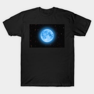 Blue super moon glowing against colorful starry sky T-Shirt